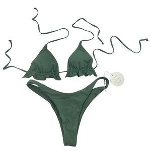 SUNNY BUNNY Swim 2Pc Ruffle String Bikini Set in Monstera Green Sz M